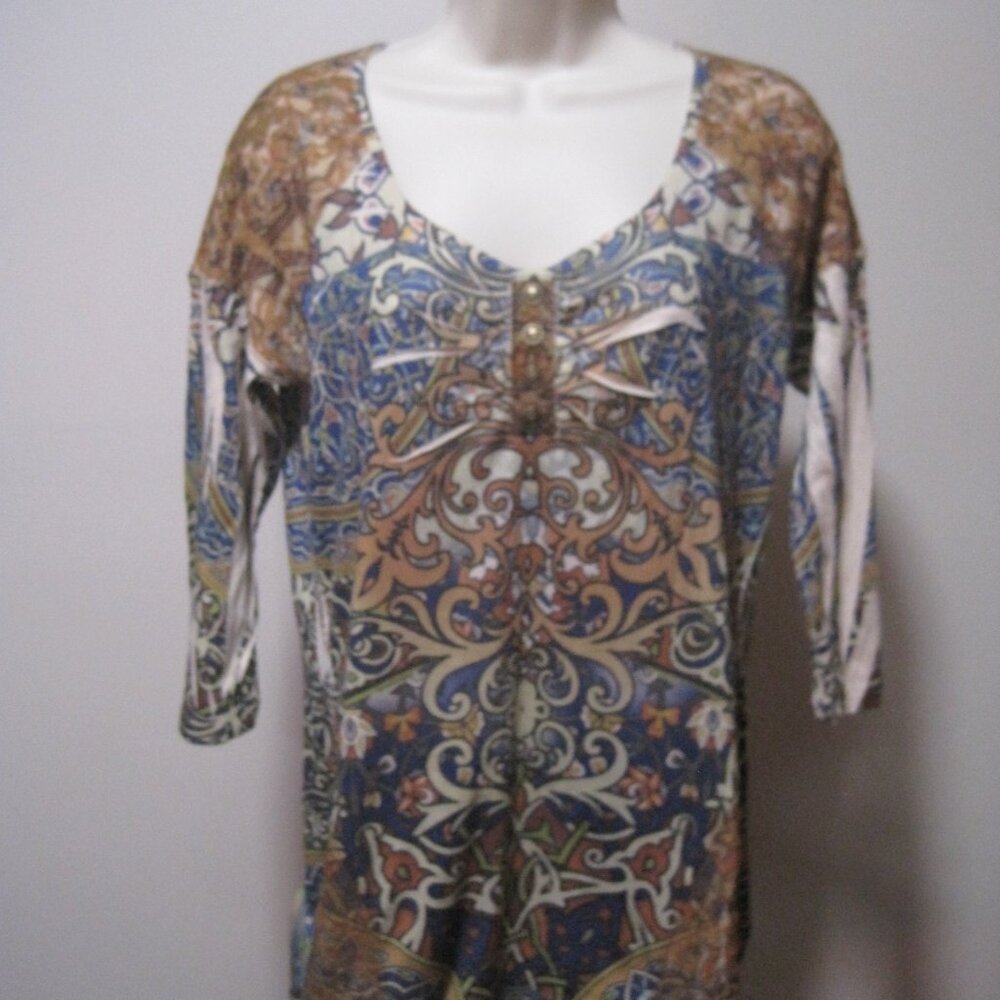 Live & Let Live Multi Color Boho Print Stretch Pullover 3/4 Sleeve Shirt Medium